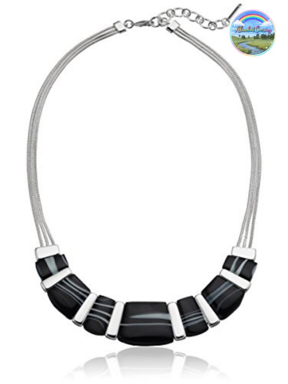 Nine West Black Agate Frontal Necklace 16" Extender Pendant